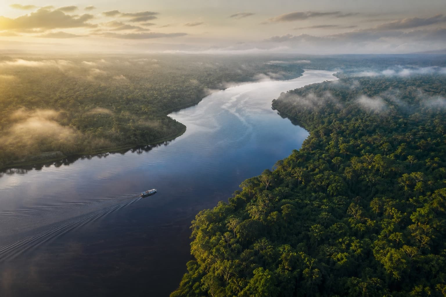 Río y selva amazónica vistos desde el aire al amanecer
